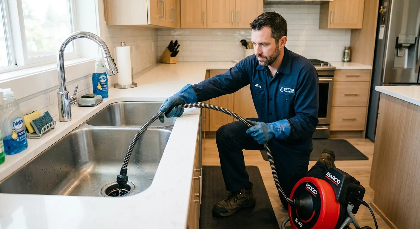 Drain cleaning technician using a motorized snake on a kitchen sink in Flagstaff