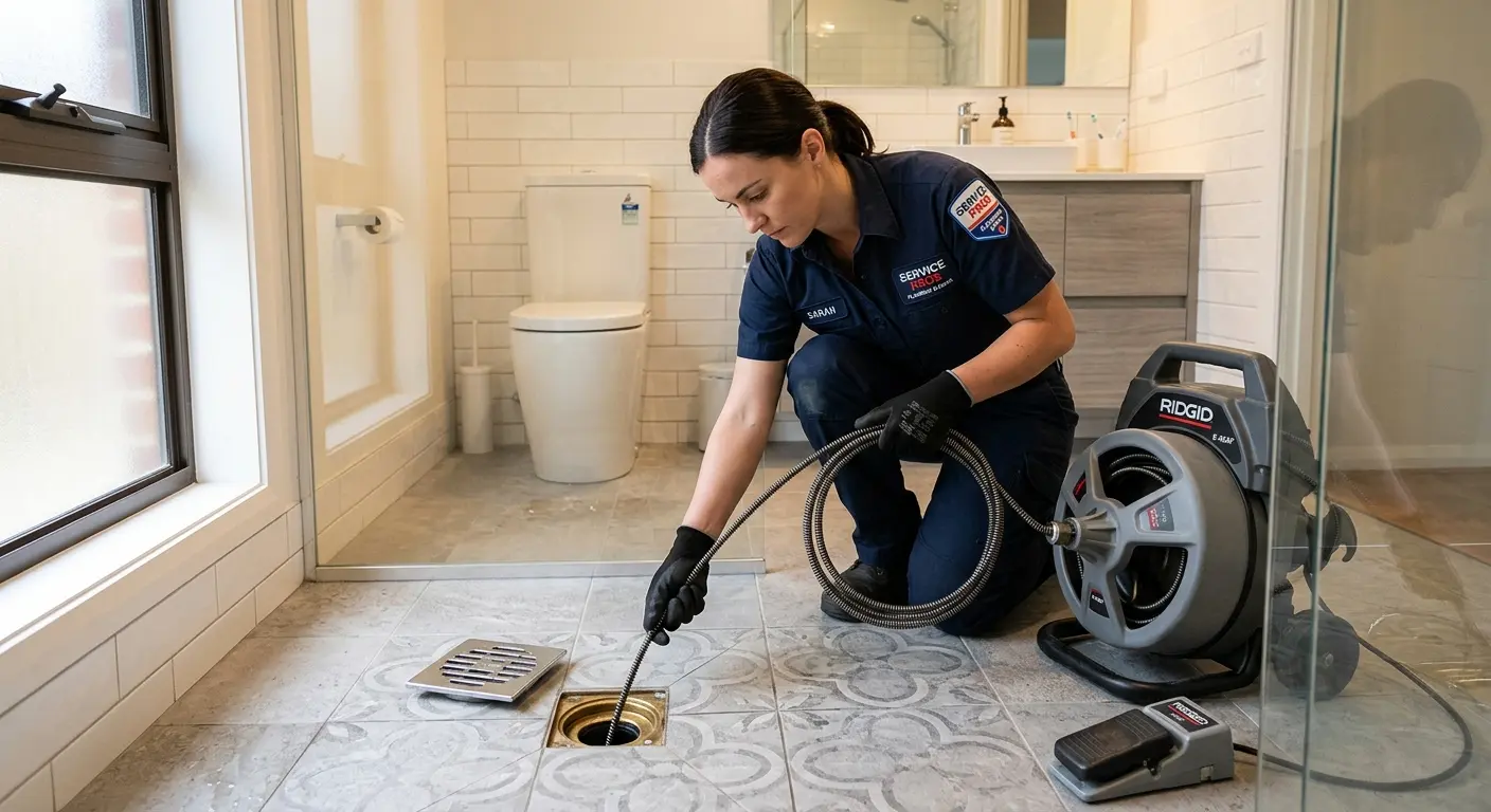 Technician clearing a bathroom floor drain for Sewer Line Replacement in Flagstaff